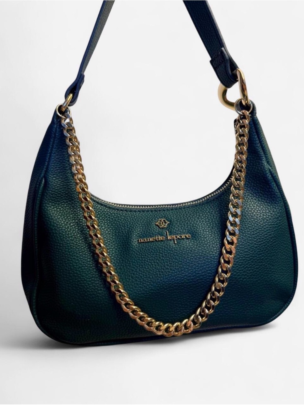 Nanette Lepore Teal Green Pebbled Shoulder Bag with Gold Chain